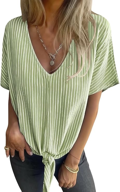 Women's Summer Tops Trendy V Neck Tie Front T-Shirt Casual Short Sleeve Loose Fit Top Blouses