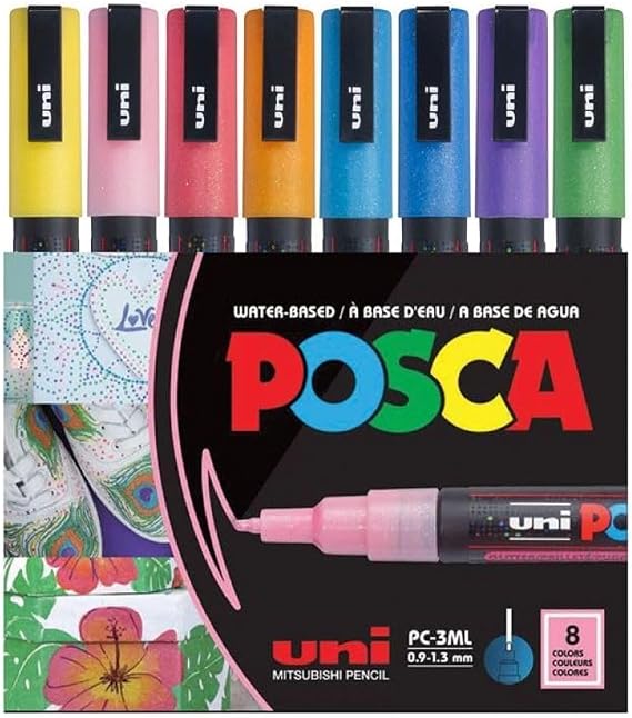 POSCA PC-3ML Glitter Paint Markers, Fine Tip (0.9-1.3mm), Assorted, 8 Pack | Glitter metallic pigments add sparkle, water-based opaque paint for 50+ surfaces, quick-drying, ACMI-certified