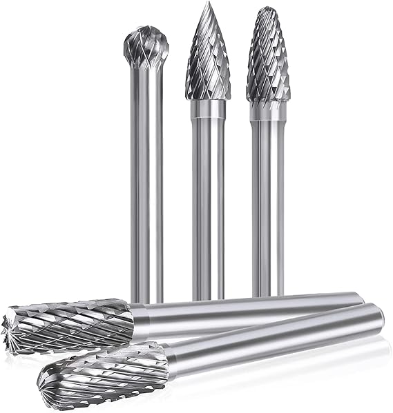 5pcs Tungsten Carbide Rotary Burr Set, Rotary Burr Tool with 6 mm (1/4") Shank and 8 mm (1/3") Cutting Edge for Metal and Non-metal Processing