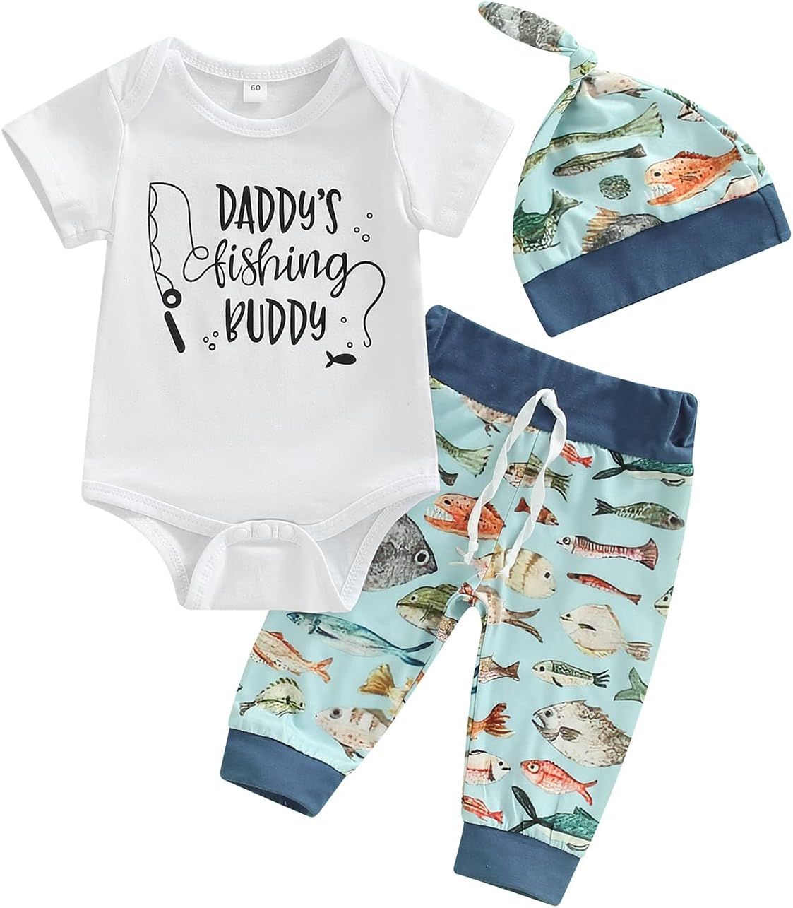 Newborn Baby Boy Fishing Outfit Daddys New Fishing Buddy Romper Fish Pants Set Hat 3Pcs Infant Boy Summer Clothes