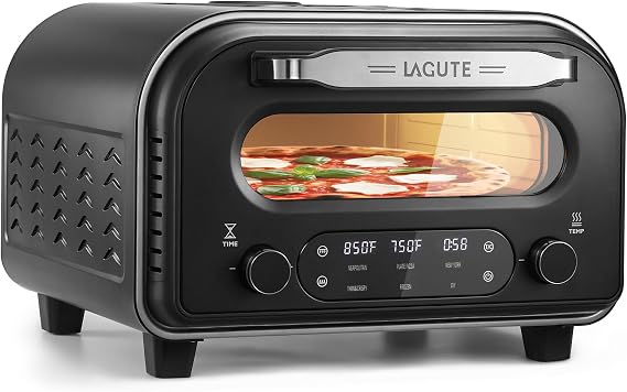 Lagute Indoor Pizza Oven, 12 Inch Electric Countertop Pizza Maker with 6 Preset Modes, 850F High Heat in 90 Seconds, Dual Heating Components, Pizza Stone & Peel Included