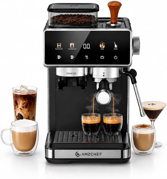 AMZCHEF Espresso Machine with Grinder, 20 Bar, Latte & Cappuccino, Black