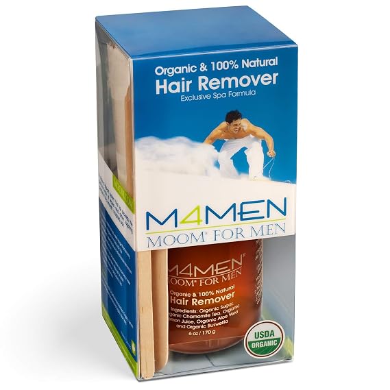 MOOM USDA Organic Sugar Hair Removal Waxing Kit for Men with Tea Tree Oil 6 oz Sugar Wax with Aloe Vera with 18 Wax Strips & 4 Wax Applicator Sticks - Body, Chest & Face Wax Kit for Sensitive Skin