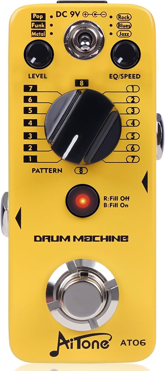 AITONE AT-06 Drum Machine Guitar Pedal with Real-Time Fill Function 48 Drum Grooves 6 Music Styles & Tap Tempo EQ Presets for Electric Guitar