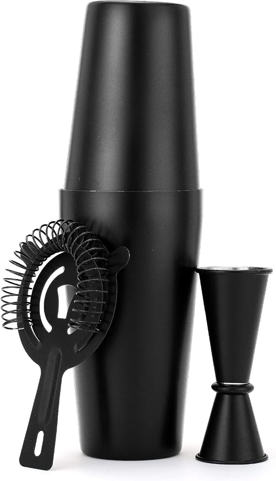JNWINOG Cocktail Shaker Set 4-Piece Boston Shaker Kit with 20oz/25oz Shaker,Strainerand 0.5/1oz Double JiggerBar Set for Home Drink Mixer Bartendiing (Matte Black, 20oz/25oz)