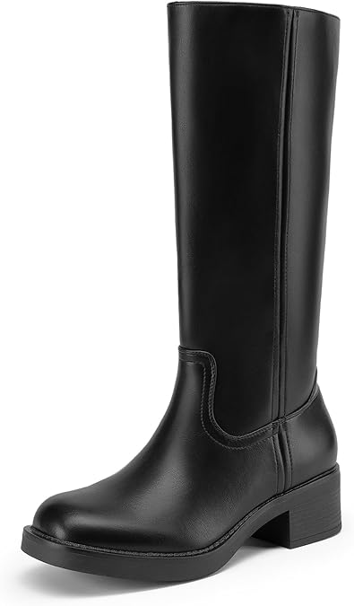 DREAM PAIRS Women's Square Toe Platform Chunky Block Heel Knee High Riding Boots