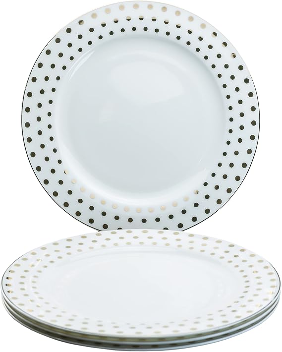 Gracie Bone China by Coastline Imports Gold Polka Dots Dessert/Salad Plate Set of 4 Dinnerware, 11-Inch