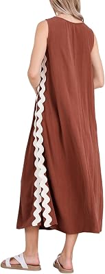 Womens Summer Boho Sleeveless RIC Rac Dress Side Slit Maxi Long Beach Dress Sundress