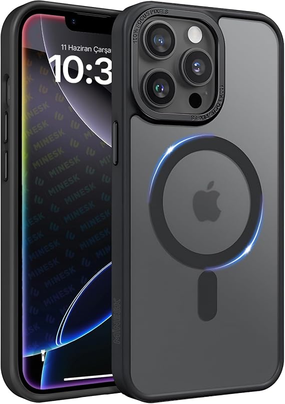 Minesk iPhone 12-12 Pro için Mattmag Serisi Magsafe ile Uyumlu Wireless Şarj Destekli Arkası Mat Silikon Kılıf Yükseltilmiş Lens Çerçeveli ve HassasTakımlı Ultra Güçlü Koruma Kılıf (Siyah, 12-12 Pro)