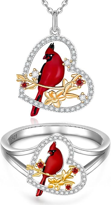 Fenthring Cardinal Necklace Cardinal Rings for Women Sterling Silver Heart Red Bird Cardinal Jewelry Mothers Day Memorial Gifts
