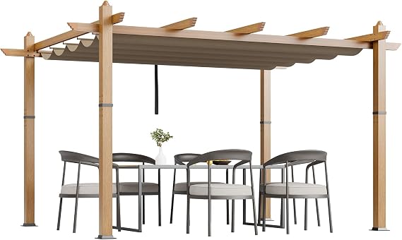 10x13 Ft Retractable Outdoor Pergola with Canopy, Upgraded Wood-Grain Aluminum Pergola, Modern Pavilion for Backyard, Patio, Porch, Grape Trellis, Khaki