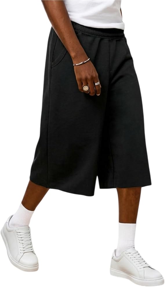 Mens Baggy Sweat Shorts Under the Knee, Raw Hem Casual Gym Y2K Loose Fit Shorts with Drawstring Waist