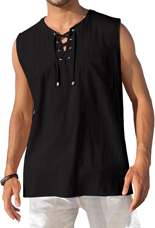 KUYIGO Mens Cotton Linen Tank Top Sleeveless Beach Shirt Hippie Tunic Tops