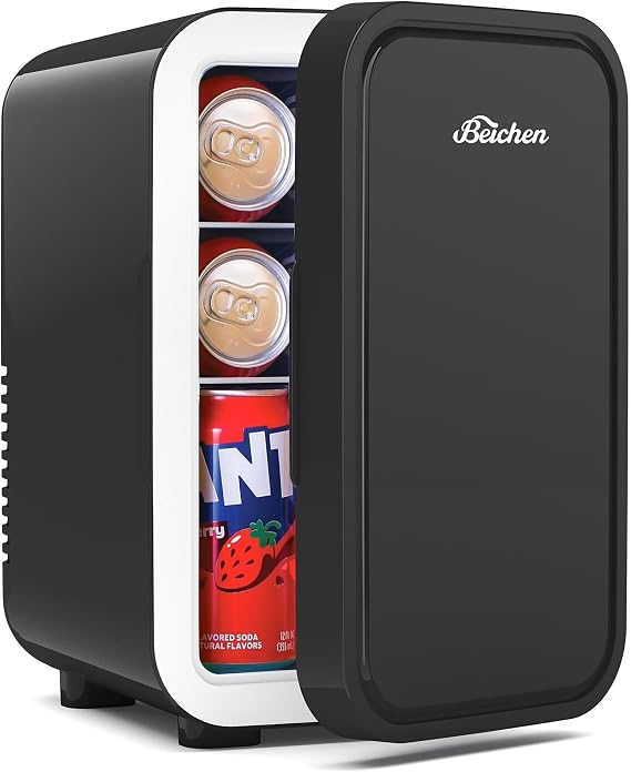 BEICHEN Mini Fridge, 6 Liter/8 Can Small Fridge, AC/DC Portable Skincare Fridge, Cooler and Warmer Refrigerators for Bedroom, Skincare, Beverage, Office, Dorm, Car, Black