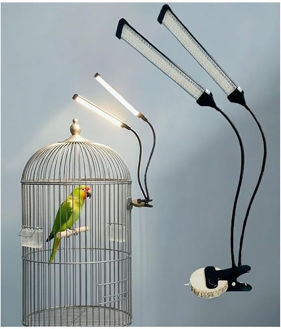 KINGYEENUO Double-Headed LED Bird Cage Light, Full Spectrum LED Pet Light, 10 Brightness Levels & 3/9/12H Timer, for Natural Environment Simulation, Safe for Hookbill Birds, Lighting Fixture Combo Kit