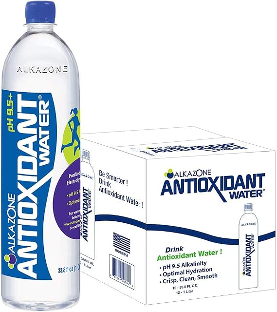 Alkazone Antioxidant Alkaline Bottled Water, Enhanced with Antioxidants, Purified Water with Electrolytes, Added for Taste, pH Balanced to 9.5, 33.8 oz, (Pack of 12)