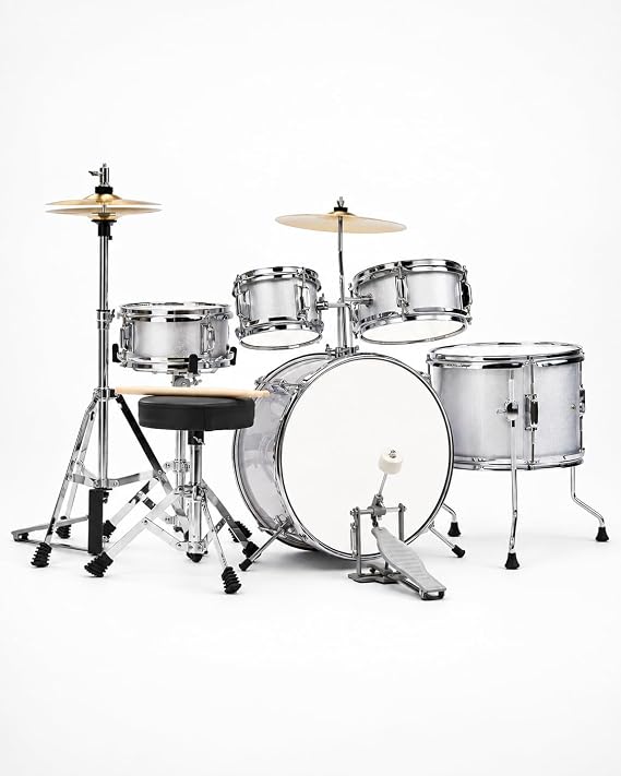 5-Piece Drum Set for Kids, 14-Inch Kids Beginner Junior Drum Set with Cymbals, Pedal, Stool, Screw Wrench,Two Pairs of Drumsticks Silver