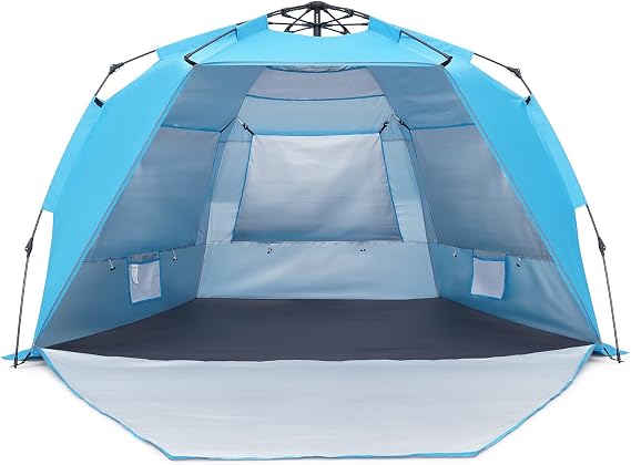 Pop Up Beach Tent, Portable Beach Folding Sun Shade Shelter, UPF 50+ Protection, Easy Setup and Carry, Double Silver Coating with 3 Ventilation Window, Large Size Perfect for Family 4 People