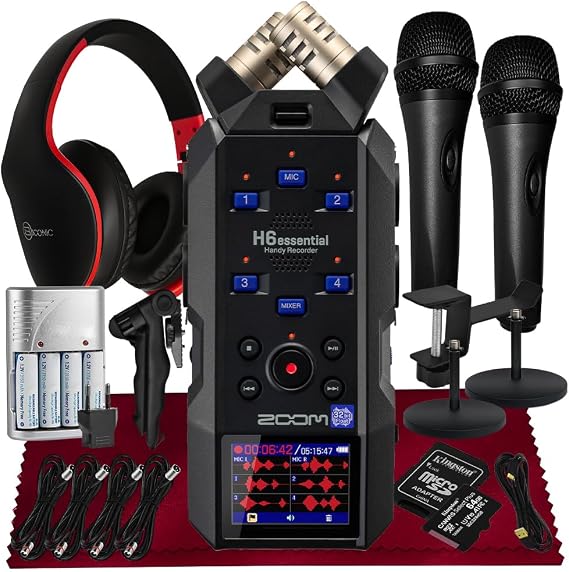 Zoom H6essential Portable Studio Recorder, H6E 32-Bit Float, 6-Track Recorder, 4XLR/TRS - 64GB SD, Tripod, Handheld Mic, XLR Cable, Rechargeable Batt & More for Musician Podcaster Filmmaker