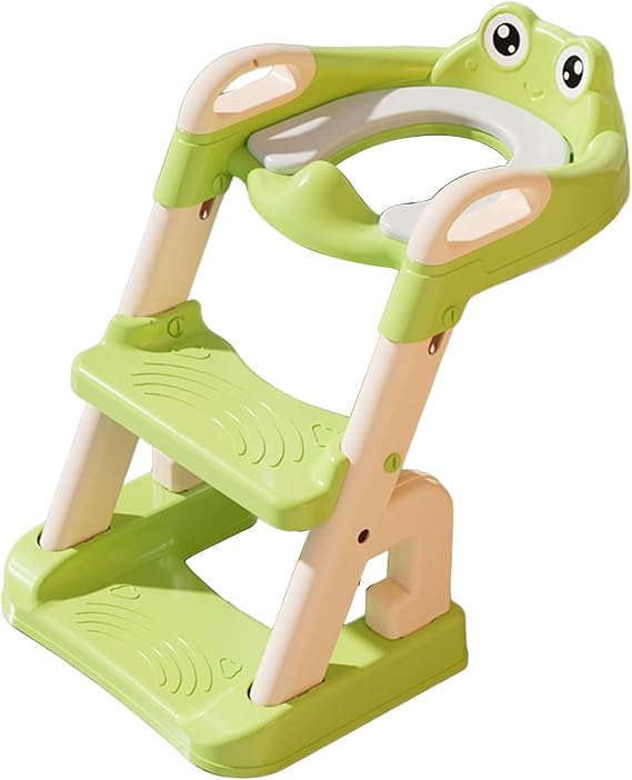 Foldable Step Stool for Bathroom Sink | Step Stool for Toddler | 2 in 1 Toddler Seat with Steps Stools Soft Cushion Adjustable Height Triangular Base Toilet Ladder Toilet Seat Stair Green