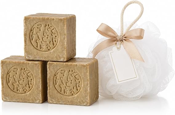 Halep Sabunu%85 Zeytinyağı%15 Defne Yağı – Doğal Saç ve Vücut Sabunu, Vegan, El Yapımı, Katı Şampuan Sabunu, Yaklaşık 850-1000 gr (3 Adet (185 g)) (Lif Hediyeli)