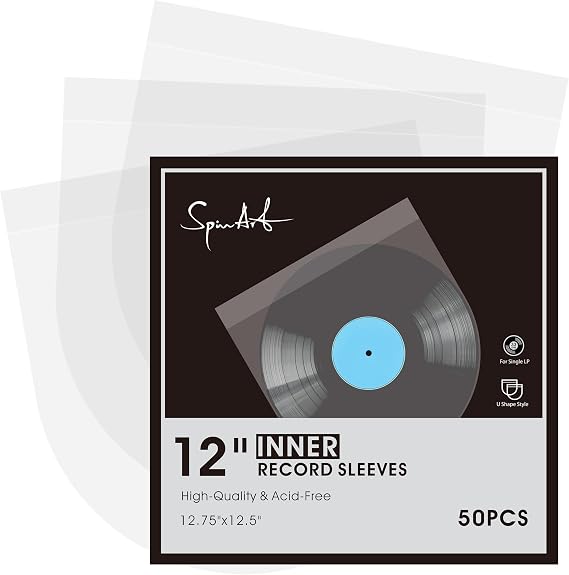 SpinArt 50PCS Vinyl Record Inner Sleeves, 12" Vinyl Record Protective Sleeves, Round Bottom Vinyl Record Sleeves with Flap Full Cover, Anti Static 1.57 Mil HDPE Clear Plastic Cover for LP Albums