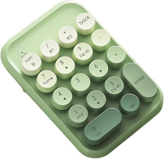 Typewriter Style Number Keypad Wireless 2.4G/Bluetooth/USB-C Wired | Rechargeable Numeric Pad Linear Membrane Switch 18-Key NKRO Retro Round Keycaps Portable for Multi-Device, Matcha Green