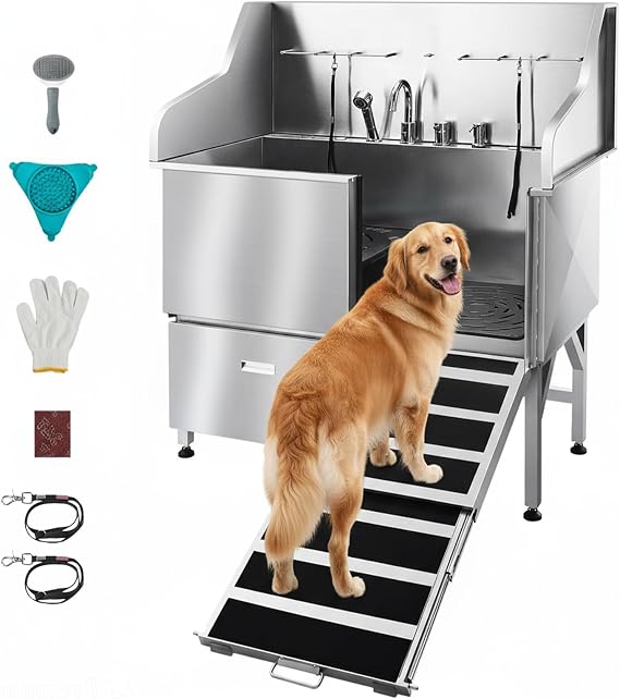 VEVOR Professional 304 Stainless Steel Dog Bathing Station, 61 inch Pet Grooming Tub w/Anti-Slip ramp, Storage Drawer, Cold Hot Faucet Showerhead for Large & Medium & Small (Right Door, with Drawer)