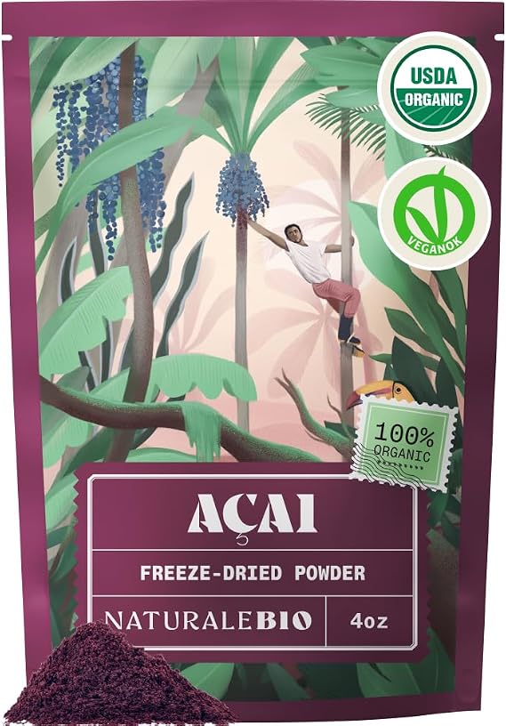 NaturaleBio Acai Powder Organic 4oz - Freeze Dried - Pure Organic Acai Berry Powder (Freeze-Dried) from Brazil, Dried, Raw Food and Extract of Pulp of Acai Berry Fruit