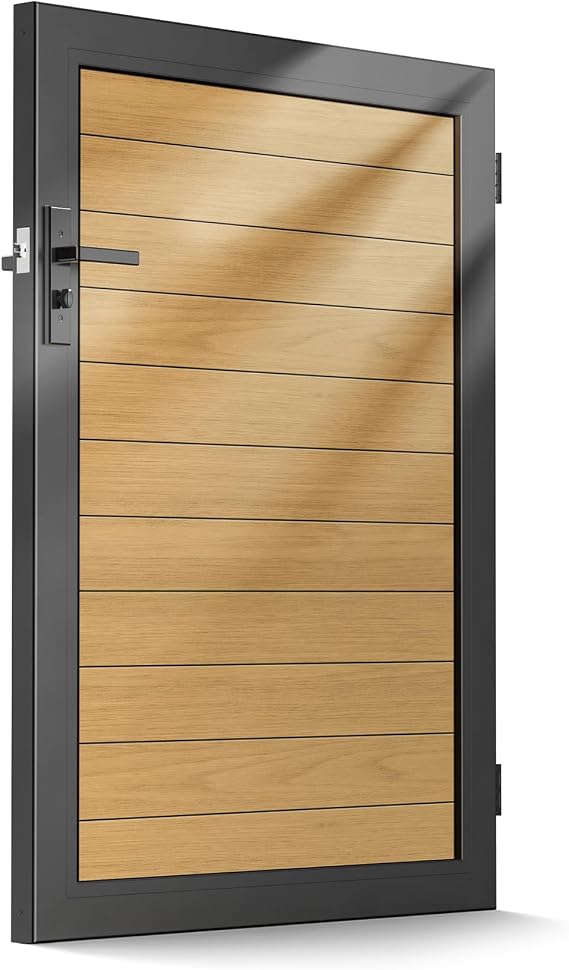 3x4 FT Aluminum Fence Gate Kit Wood Grain Aluminum Gate with Decorative Cutout, Lock & Hinges, Left/Right Opening, Weather Resistant for Yard Garden Patio