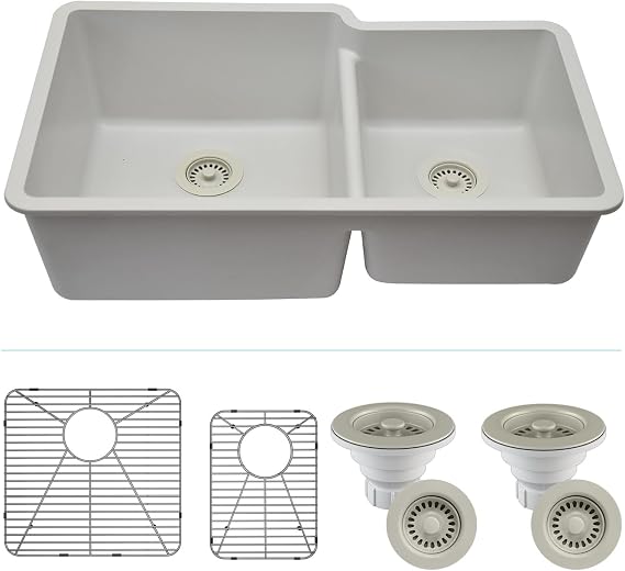 32" x 19" Quartz Kitchen Sink, 60/40 Double Bowl Kitchen Sinks, Drop in sink, Undermount Sink, Galaxy White Kitchen Sink, Double Sink Kitchen, Grids, Strainer and Flange, Lexicon Platinum LP-6040-W