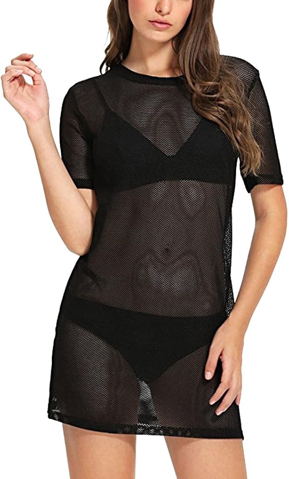 WuLun Women's Sexy Cover Ups Short Sleeve See Through Gauze Mesh T-Shirt Dress (XX-Large, Black02)