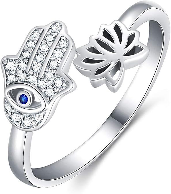 925 Sterling Silver Hamsa Hand of Fatima & Lotus Ring Evil Eye Adjustable Open Ring Jewelry Gift for Women