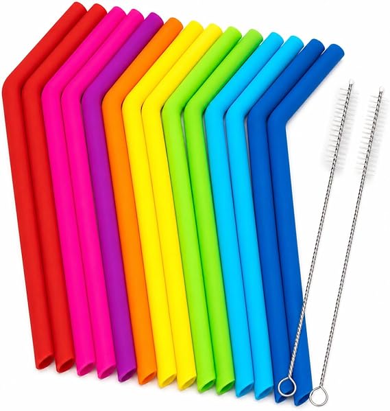 Reusable Silicone Straws for Tumblers, Smoothies & Drinks 15 Pack Flexible BPA-Free Drinking Straws with 2 Cleaning Brushes Soft on Teeth & Lips Fits 20oz & 30oz Tumblers