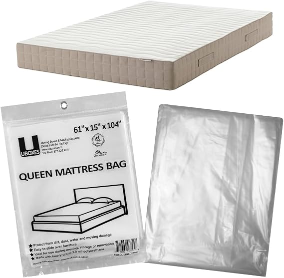 uBoxes Queen Mattress Clear Plastic Poly Covers, 61 x 15 x 104 inch, Heavy Duty 2 mil, 1 Pack