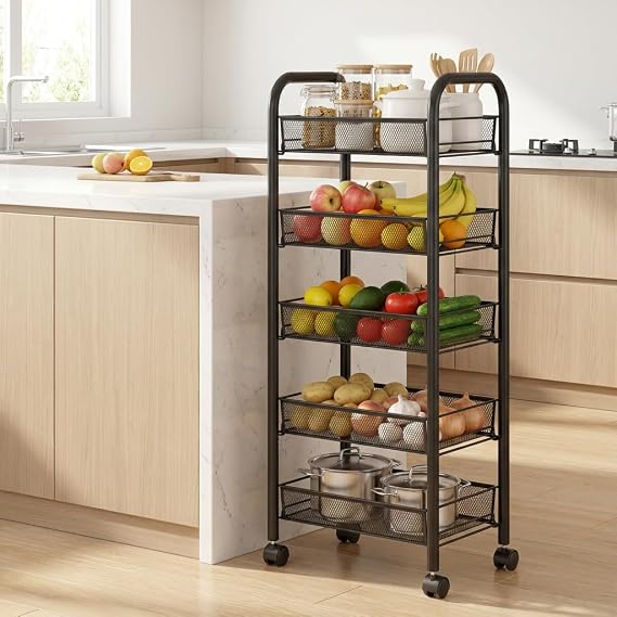 5 Tier Slim Fruit Basket, Stackable Vegetable Storage Cart for Kitchen, Metal Wire Fruit Basket Organizer On Wheels, Rolling Produce Pantry Snack Rack for Fruits, Potato, Onion, Snacks