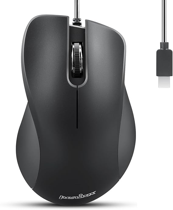 Perixx PERIMICE-221C USB Type C Wired Ergonomic Mouse - 4.9 Ft Cable - Optical 1200 DPI Design - Black......