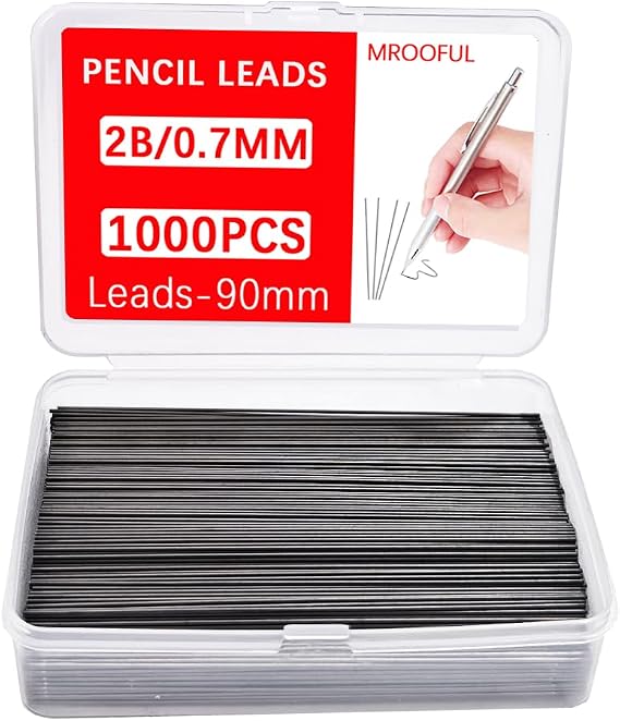 MROOFUL 1000pcs 0.5/0.7mm Mechanical Pencil Leads Replacement Core with 2 Empty Tubes Black Erasable 2B Graphite Pen Core Set Large Capacity for Writing Art Sketches (0.7mm)