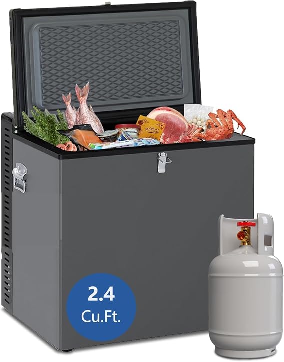 Propane Chest Freezer off grid 2.4 Cu.Ft. Compact Deep Freezer/Fridge with Lock 110V/12V/Gas Refrigerator 3 Way RV Chest Fridge for Camper Outdoor Black