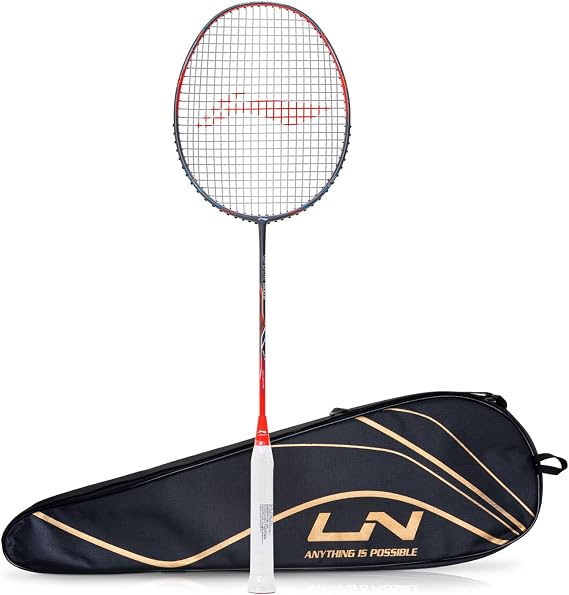 Li-Ning Wind Lite 800 II Carbon Graphite Badminton Strung Racket with Full Racket Cover (Dark Grey/Red)
