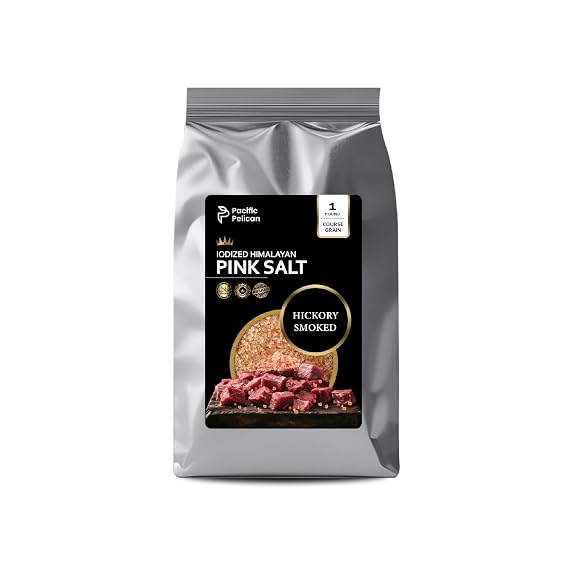 Pacific Pelican Iodized Himalayan Pink Salt Hickory Smoked, Coarse Grain Natural Mineral-Rich Seasoning for Grilling, Cooking, and Finishing (1lb)