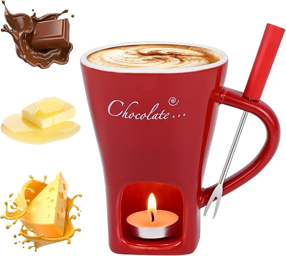 Sweet Fondue Cup Set, Chocolate Fondue Mug with 1 Fork and 4 Candles, Personal Ceramic Chocolate Melting Cup, Chocolate Fondue Cup, Ideal Gifts for Date Night, Birthday, Wedding (Red)