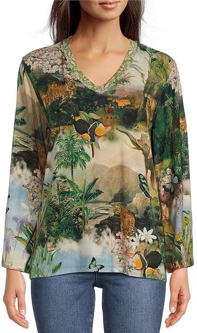 Johnny Was Janie Favorite V Neck Kimono Sleeve Tee Rawi Shirt Wild Green Top New