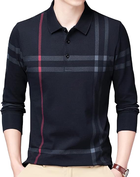 Mens Casual Striped Cotton Long Sleeve Collared T Shirt Polo Shirts