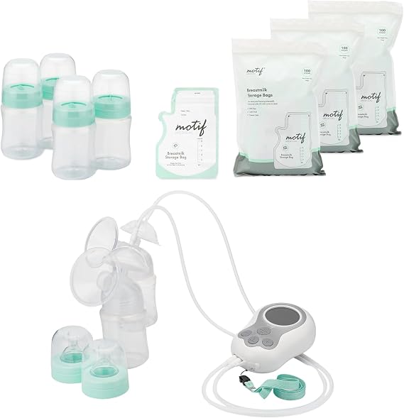 Motif Medical - Duo - Portable Double Electric Breast Pump Bundle with Milk Storage, Easy, On-The-Go Pumping, Ideal for Travel Moms White