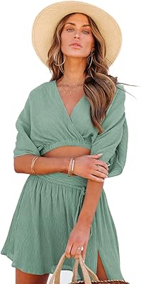 yidengymx Womens Summer 2 Piece Outfit Short Sleeve Crop Top Flowy Skirt with Belt, Casual Romper for Vacation Beachwear
