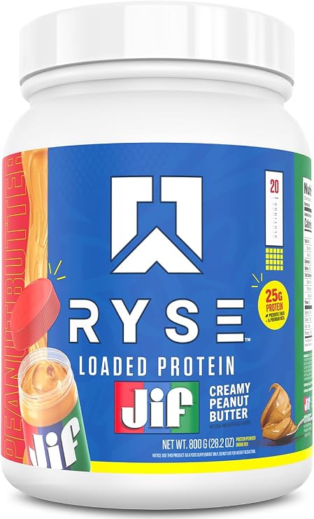 Ryse Loaded Protein Powder - JIF Creamy Peanut Butter - 25g Whey Protein Isolate & Concentrate with Prebiotic Fiber & MCTs - Low Carb, Low Sugar, Digestive-Friendly - 20 Servings / 1.5 lb Tub