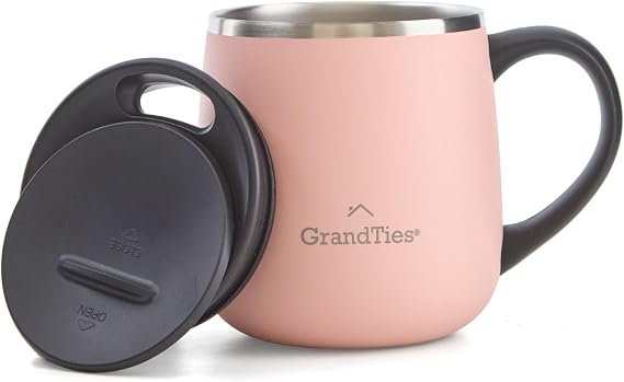 GRANDTIES 11oz Insulated Coffee Mug with Sliding Lid, Wine-Glass Shape Thermal Tumbler with Double Walled Vacuum Stainless Steel to Keeps Beverages Hot or Cold (Peach Creme)