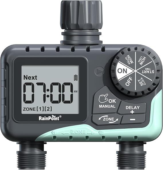 RAINPOINT Water Timer for Garden Hose - 2 Zone Sprinkler Timer with Rain Delay/Manual Watering/Automatic Irrigation for Yard Lawn