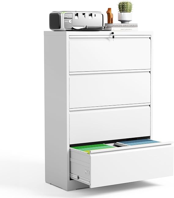 4 Drawer Lateral File Cabinet for Home Office, Metal Filing Cabinet with Lock, Wide File Storage Drawers for Letter/Legal Size Hanging File Folders, Assembly Required, (White)